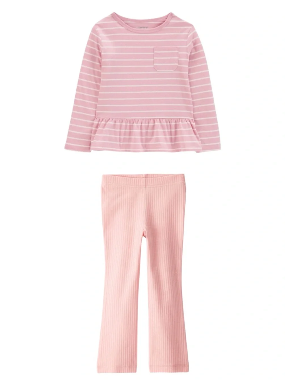 2T Cotton Pink Peplum Top with White Stripes and Pink Ribbed Flare Pants